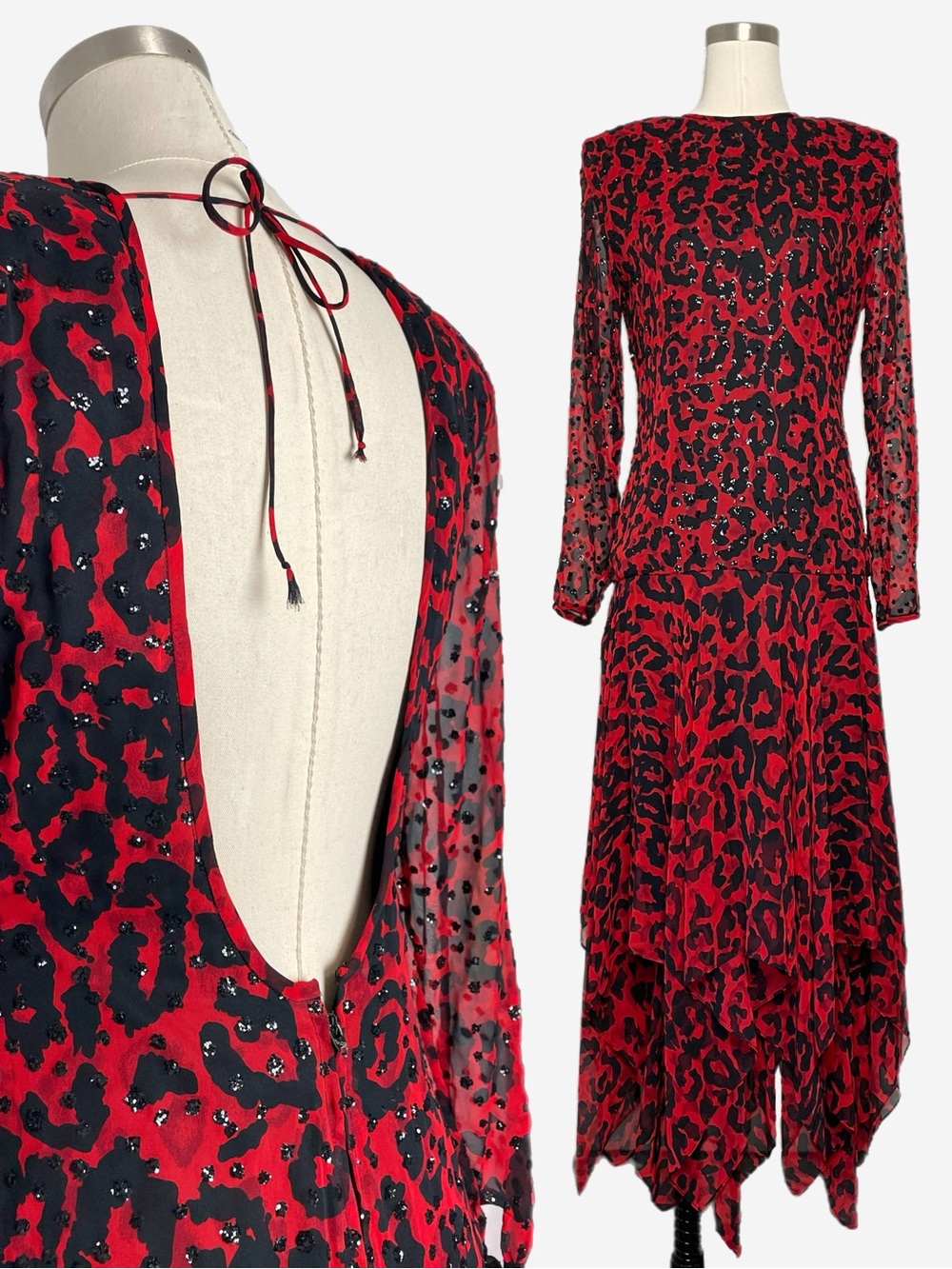 Vintage 80s AJ Bari red leopard glitter open back asymmetric dress eclectic XS/S